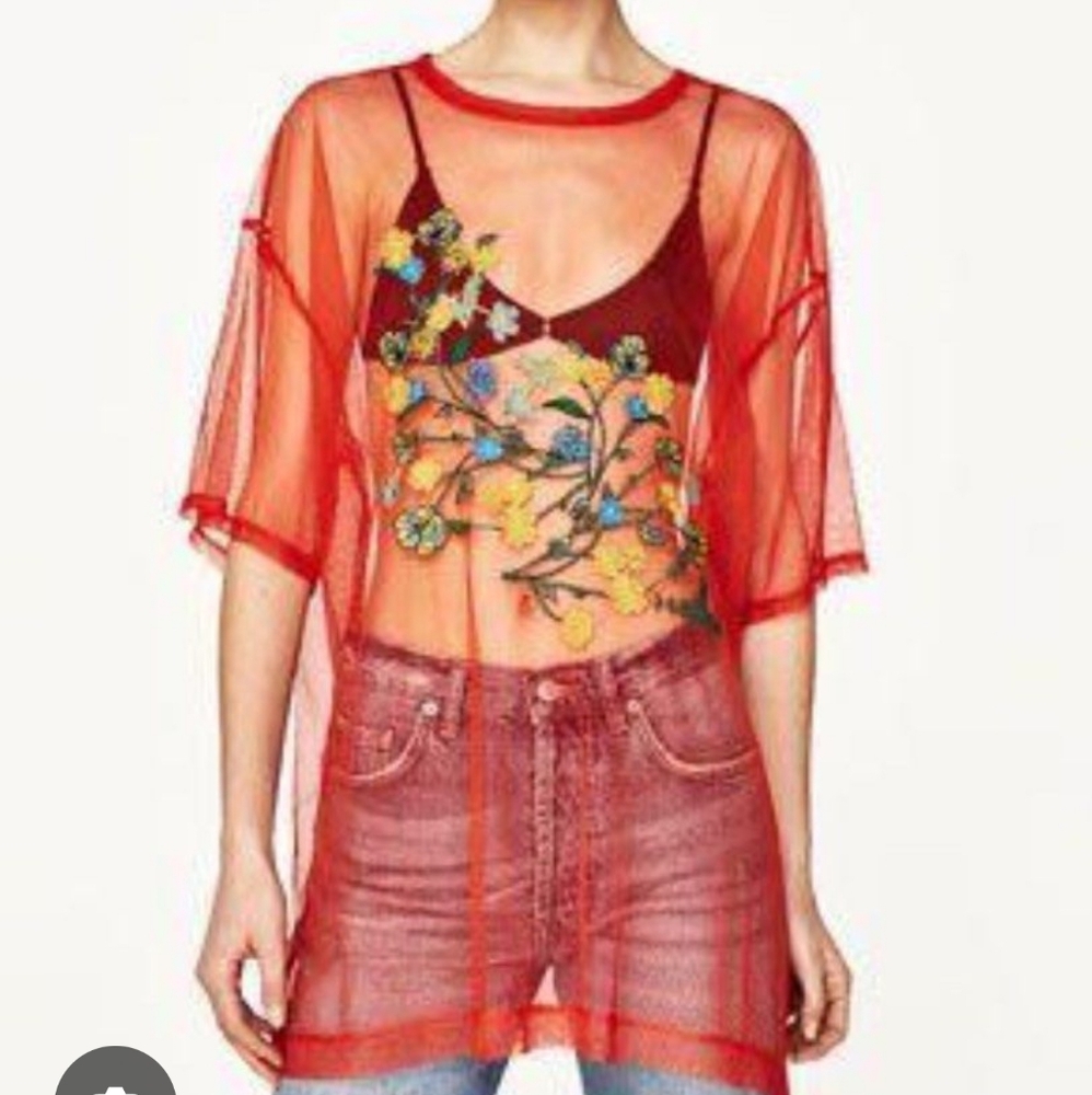 Zara Orange Mesh Shirt Top Cover Up Floral Embroidery Small Short Sleeve